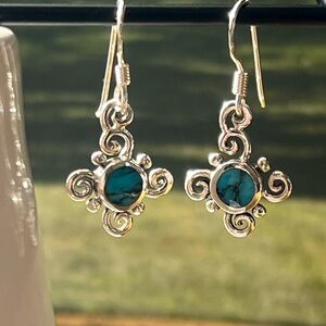 Vintage Sterling Silver Turquoise Scroll Dangle Earrings NOS
